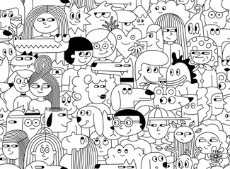 Crowd pattern. People faces seamless texture. Line diverse man woman students vector background. Illustration crowd people linear, social face pattern