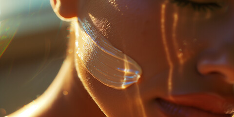Gentle sunscreen lotion cream swatch close up detail on sun kissed woman face skin summer concept.