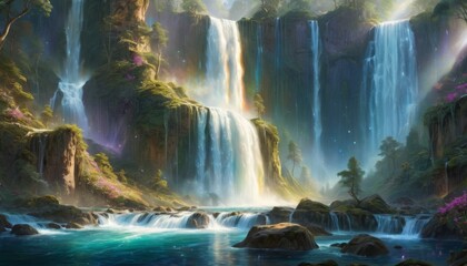 An ethereal landscape showcasing a majestic waterfall, with beams of sunlight piercing through mist and lush greenery. AI Generation
