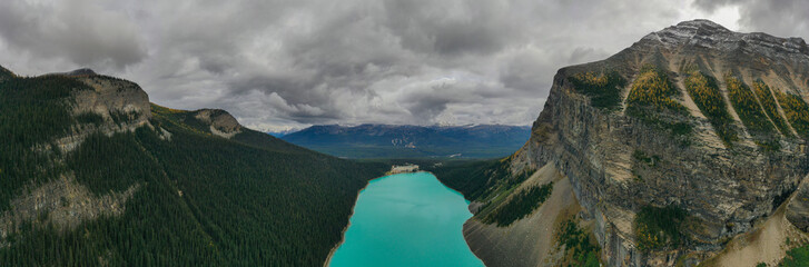 Panoramic aerial view of Lake Louise, with its spectacular turquoise color.