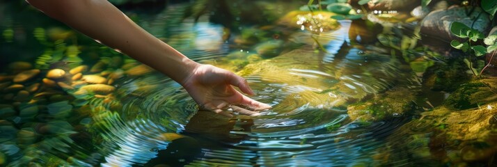 A person's hand touches clean transparent water in a pond or lake