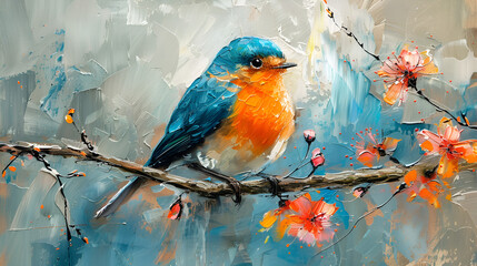 Blue Orange Bird Sitting on Spring Branch Acrylic Painting, generative Ai