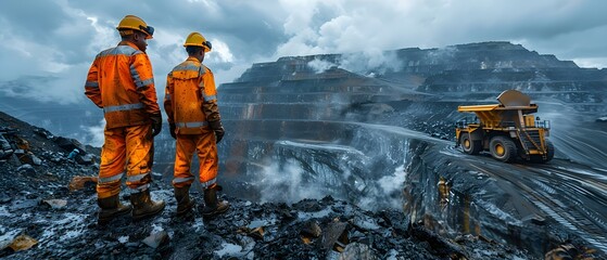 Workers in African Mine Discussing the Quality of Coal at the Site. Concept Coal quality assessment, African mine workers, Site discussion, Industrial minerals, Energy production