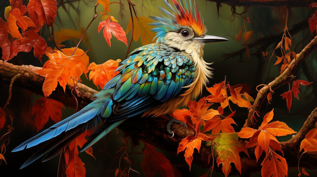 Awaxwing alights on alichen-covered bough, its colors harmonizing with nature's palette. The forest floor, a carpet offallen leaves, cradles its steps. This avian marvel inspires awe and reverence.