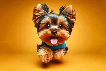 The cute Yorkshire Terrier runs with his tongue hanging out and big bulging eyes isolated on a color background