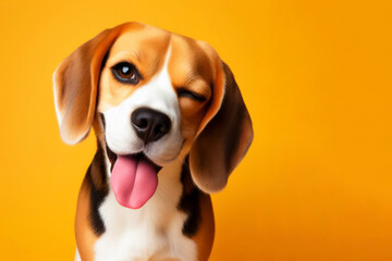 Beagle Dog winking and sticking out tongue on solid color bright background - obrazy, fototapety, plakaty