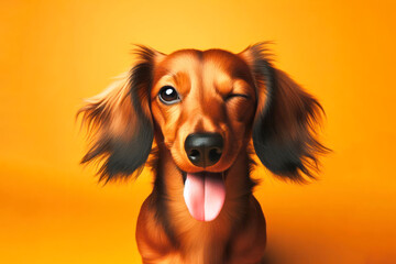 Dachshund Dog winking and sticking out tongue on color bright background - obrazy, fototapety, plakaty