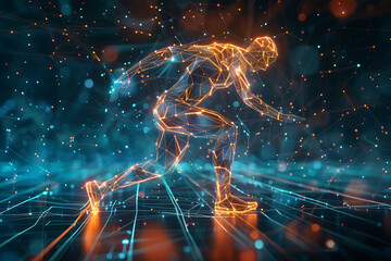 Innovative wireframe visualization against radiant translucent backdrop features a man engaged in various sports activities - obrazy, fototapety, plakaty