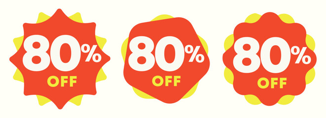 80% off. Special offer sticker, label, tag. Value discount poster, price. Shapes in yellow and red. Promo, discount, sale, store, retail, mall. Icon, vector