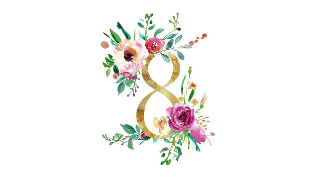 The digit 8 is painted in watercolor surrounded by flowers. «Eight» is depicted in the style of handwritten capital letters, suitable for illustrations and greeting cards.