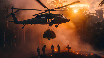 High-stakes Sling Load Operation Over a Forest Landing Zone at Dusk - obrazy, fototapety, plakaty