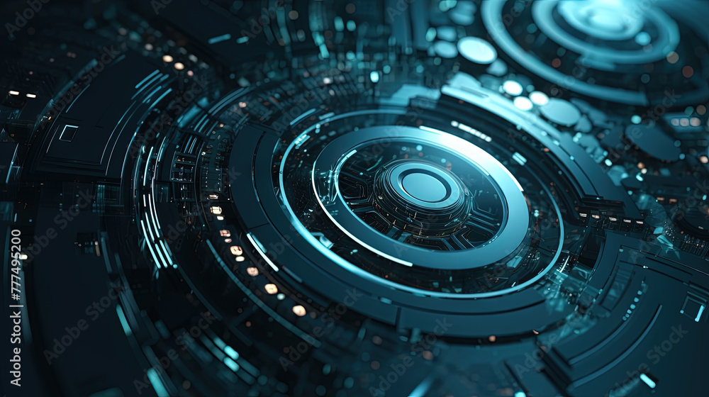 Poster Technology abstract background with hud styled round interface elements in neon tech light.