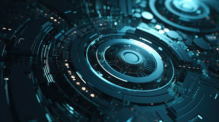 Technology abstract background with hud styled round interface elements in neon tech light.