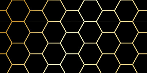 Abstract hexagons pattern. Geometric background with golden hexagonal elements on black. Abstract octagons dark 3d background. black golden line hexagons backdrop wallpaper with copy space for text. 