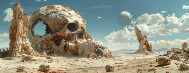 Surreal panorama of an alien desert landscape with a colossal skull, eroded rock formations, and scattered spherical objects under a cloudy sky with a distant planet. - obrazy, fototapety, plakaty