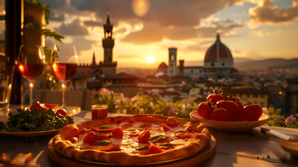Italian Indulgence: Pizza Feast Against the Spectacle of Sunset and Landmarks - obrazy, fototapety, plakaty