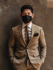 A sophisticated Asian gentleman dons a black mask, his khaki suit perfectly tailored against the solid color cement wall behind him