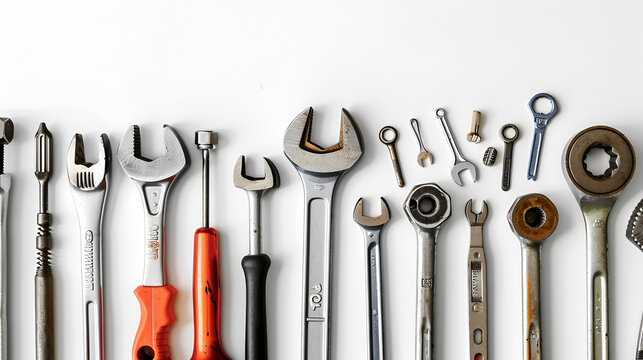 Set of various construction tools. Tools for home repair, various repairmen tools and hardhat, Flat lay Old hand tools ,Pliers screwdriver wrench rusted iron metal tools, Top view, Generative Ai