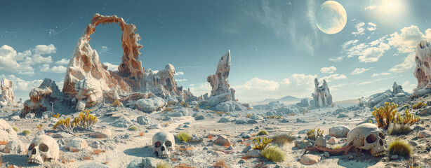 A surreal landscape with rocky formations, skulls, and a distant planet under a starry sky. Ideal for sci-fi and fantasy themes. - obrazy, fototapety, plakaty