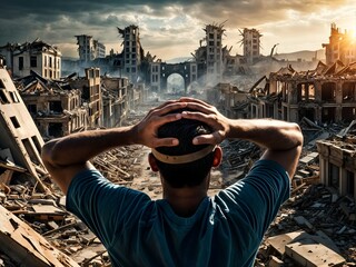 black man placing his hands on his head and looking at his destroyed city - obrazy, fototapety, plakaty