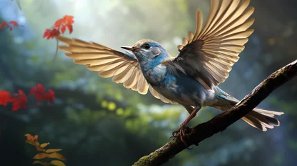 Foto op Canvas tailed hummingbird, In a dew-kissed morning, awaxwing flits among berry-laden branches. Its sleek form, like abrushstroke of elegance, graces the forest. Theblue sky frames its flight--a reminder to p © Hasnain Arts