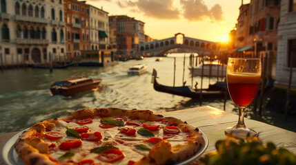 Sunset Soiree: Pizza Party with Italy's Iconic Landmarks in View - obrazy, fototapety, plakaty