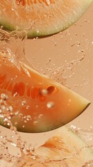 Fresh ripe sliced melon slices in splashes of water, healthy fruit