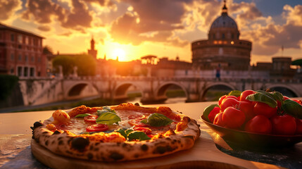 Pizza Piazza: Italy's Culinary Delight with Sunset and Landmarks - obrazy, fototapety, plakaty