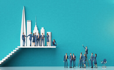 Business people arguing and trying to find solution. Two business team in conflict. Abstract business environment concept with stairs, buildings of the city and copy space. 3D rendering