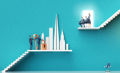 Business team introducing a new startup in data protection to investors. Business environment concept with stairs and open door representing prospects, achievement,  growth, success. 3D rendering