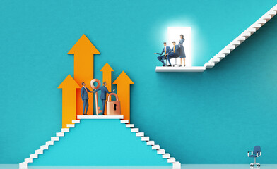 Business team introducing a new startup in data protection to investors. Business environment concept with stairs and open door representing prospects, achievement,  growth, success. 3D rendering