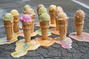 Several ice cream cones melting on pavement, a whimsical yet unfortunate summer scene Summer treat, melting dessert, urban scene, heatwave indulgence heat summer