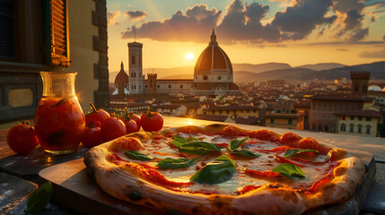 Pizza Passion: Italian Culinary Experience with Landmarks and Sunset - obrazy, fototapety, plakaty