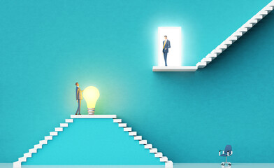 Businessman with big light bulb introducing a new startup idea to investors.  Business environment concept with stairs and open door representing achievement,  growth, success. 3D rendering