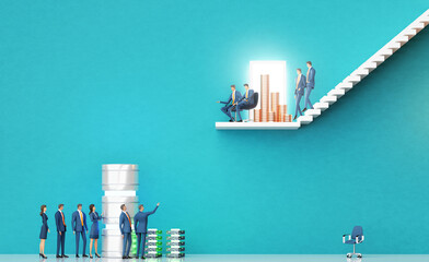Business team introducing a new startup computer system to investors.  Business environment concept with stairs and open door representing achievement,  growth, success. 3D rendering