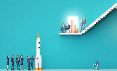 Business team introducing a new startup idea to investors. Rocket as symbol of startup. Business environment concept with stairs and open door. 3D rendering