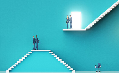 Businesspeople introducing a new startup idea to investors.  Business environment concept with stairs and open door representing achievement,  growth, success. 3D rendering
