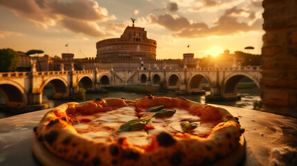 Sunset Serenity: Italian Pizza Bliss with Landmarks and Dusk - obrazy, fototapety, plakaty
