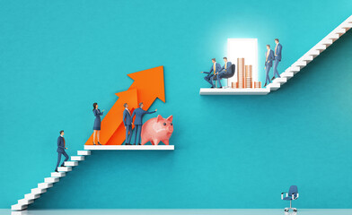 Business team introducing a new startup in finance to investors. Business environment concept with stairs and open door representing prospects, opportunity, achievement, success. 3D rendering - obrazy, fototapety, plakaty