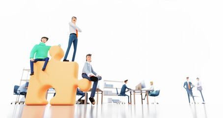 Team of professional people stay on big puzzle piece, blur of working people at the background. 3D rendering illustration at white with copy space