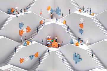 Business people working together with puzzles, solving problems. Abstract environment with stairs and multiple floor levels showing departments and branches. 3D rendering illustration	
