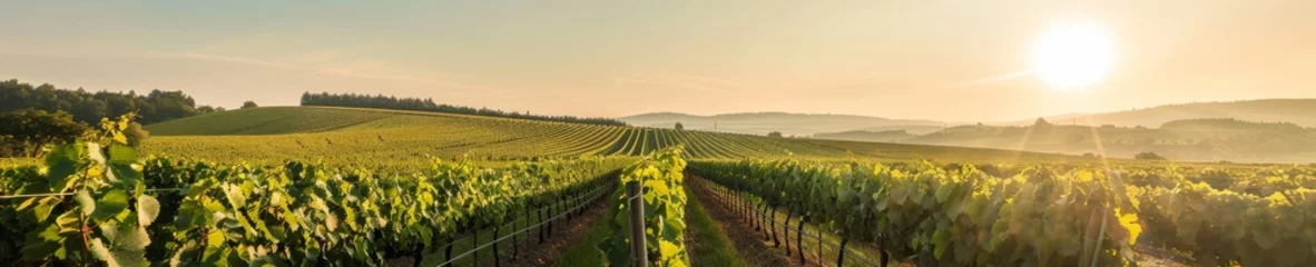 Fotobehang A sunlit vineyard row with a clear sky, offering a tidy and expansive setting for summer-themed projects with text space © Shutter2U