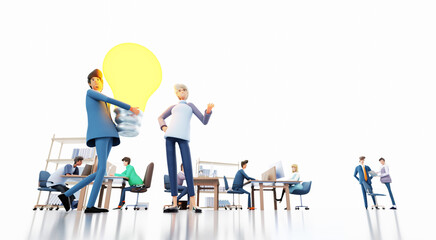 Businessman caring big light bulb as symbol of new idea, solving the problems, business people blur at the background. 3D rendering - 777496846