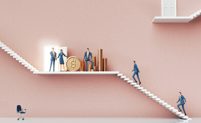Successful banker. Business people stay next to coin stacks.  Business environment concept with stairs and opened door, representing career, advisory, growth, success. 3D rendering