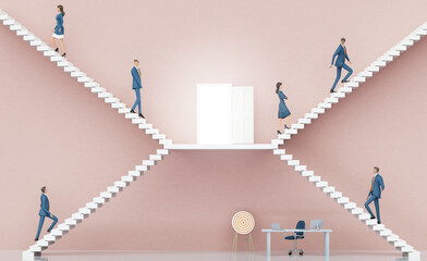 Business people walking up and down stairs, finding successful way.  Business environment concept with stairs and opened door, representing career, advisory, growth, success. 3D rendering