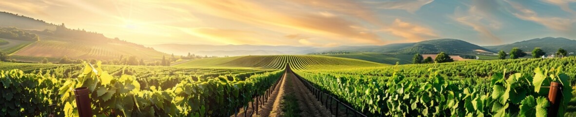 A sunlit vineyard row with a clear sky, offering a tidy and expansive setting for summer-themed projects with text space