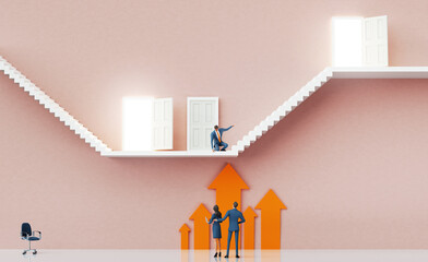 Businessman helps to find the way to succsess. Business environment concept with stairs and opened door, representing career, advisory, growth, success, solution and achievement. 3D rendering