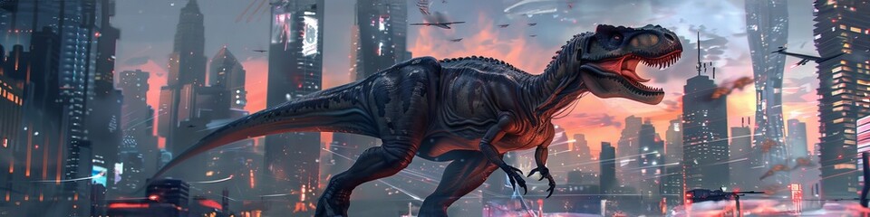 An Allosaurus mercenary in futuristic gear, patrolling a dystopian cityscape with high-tech weapons at its disposal - obrazy, fototapety, plakaty