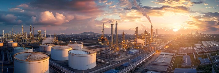 Oil and gas refinery with oil storage tanks and petrochemical plant infrastructure, banner