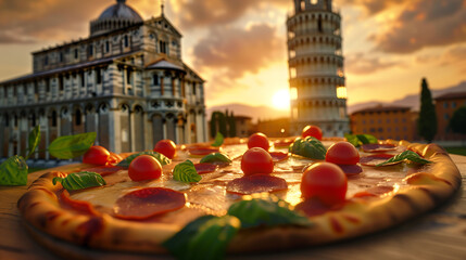 Sunset Serenade: Italian Pizza Feast with Historic Landmarks - obrazy, fototapety, plakaty